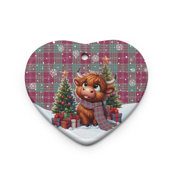 Scottish Crawford Ancient Clan Tartan Ceramic Ornament Cute Highland Cow Christmas Heart Style Tartan Plaid