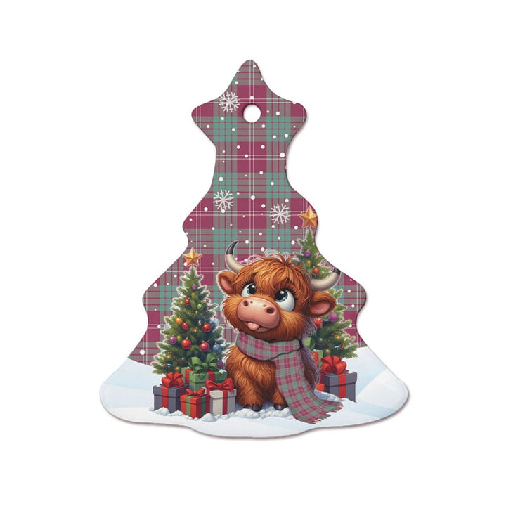 Scottish Crawford Ancient Clan Tartan Ceramic Ornament Cute Highland Cow Christmas Tree Style Tartan Plaid