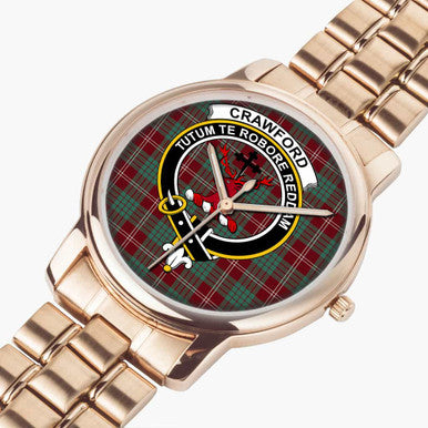 Scottish Crawford Clan Crest Tartan Folding Clasp Steel Quartz Watches Tartan Plaid Rose Gold 2