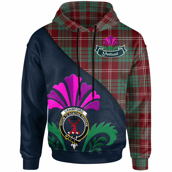 Scottish Crawford Clan Crest Tartan Hoodie - Scotland Thistle Style Front Side Tartan Plaid