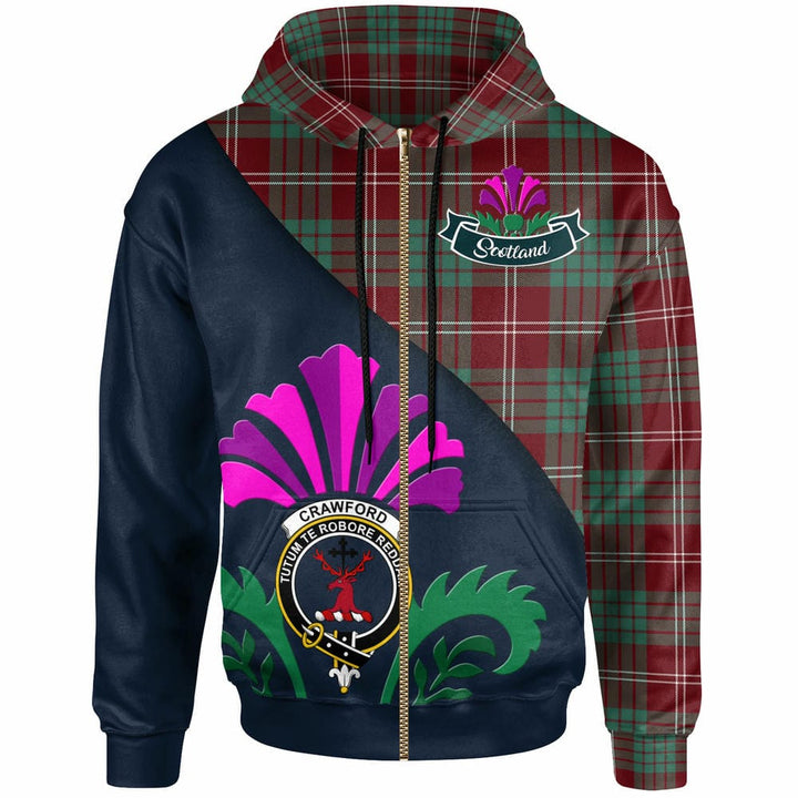 Scottish Crawford Clan Crest Tartan Hoodie - Scotland Thistle Style Zip-up Tartan Plaid