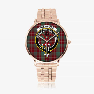 Scottish Crawford Clan Crest Tartan Instafamous Steel Quartz Watches Tartan Plaid Rose Gold 1