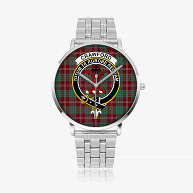 Scottish Crawford Clan Crest Tartan Instafamous Steel Quartz Watches Tartan Plaid Silver 1