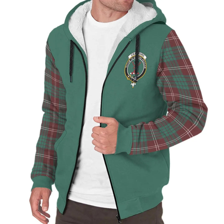 Scottish Crawford Clan Crest Tartan Plaid Sleeve Sherpa Hoodie