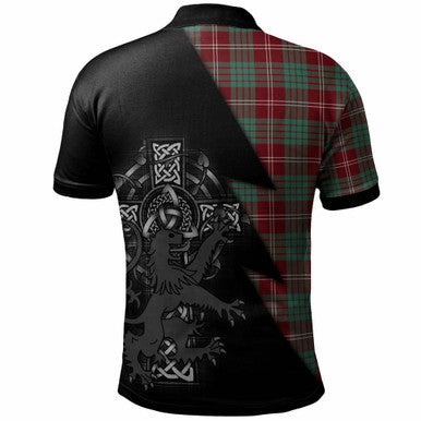 Scottish Crawford Clan Crest Tartan Polo Shirt - Lion Rampant Celtic Cross Flash Style Back Side Tartan Plaid