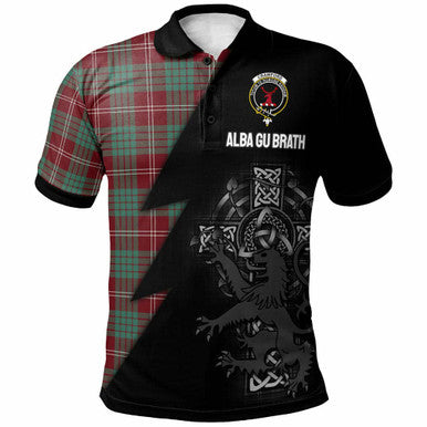 Scottish Crawford Clan Crest Tartan Polo Shirt - Lion Rampant Celtic Cross Flash Style Front Side Tartan Plaid