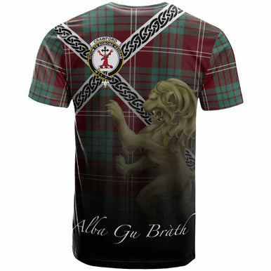 Scottish Crawford Clan Crest Tartan T-Shirt - Celtic With Scotland Lion Back Side Tartan Plaid
