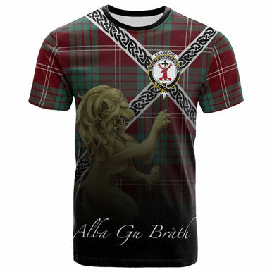 Scottish Crawford Clan Crest Tartan T-Shirt - Celtic With Scotland Lion Front Side Tartan Plaid