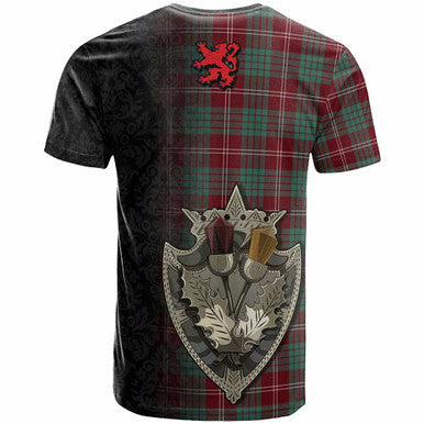 Scottish Crawford Clan Crest Tartan T-Shirt - Half Thistle Flowers Celtic Design Back Side Tartan Plaid