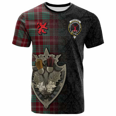 Scottish Crawford Clan Crest Tartan T-Shirt - Half Thistle Flowers Celtic Design Front Side Tartan Plaid
