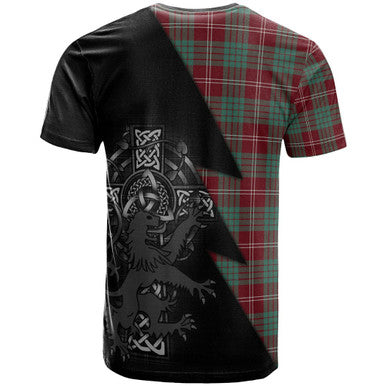 Scottish Crawford Clan Crest Tartan T-Shirt - Lion Rampant Celtic Cross Flash Style Back Side Tartan Plaid