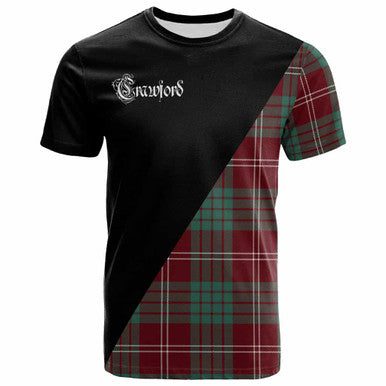 Scottish Crawford Clan Crest Tartan T-Shirt - Military Logo Front Side Tartan Plaid
