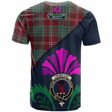 Scottish Crawford Clan Crest Tartan T-Shirt - Scotland Thistle Style Back Side Tartan Plaid