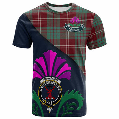 Scottish Crawford Clan Crest Tartan T-Shirt - Scotland Thistle Style Front Side Tartan Plaid