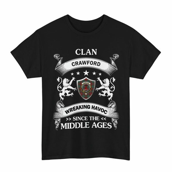 Scottish Crawford Clan Crest Tartan T-Shirt Wreaking Havoc Design Tartan Plaid Black Color