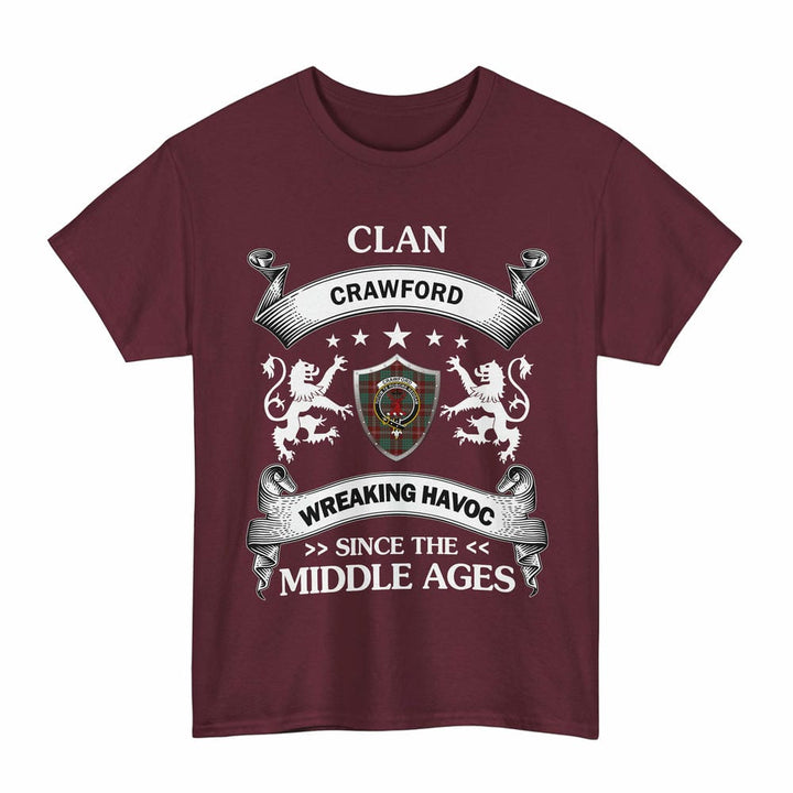 Scottish Crawford Clan Crest Tartan T-Shirt Wreaking Havoc Design Tartan Plaid Maroon Color