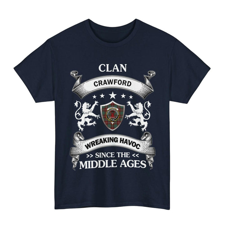 Scottish Crawford Clan Crest Tartan T-Shirt Wreaking Havoc Design Tartan Plaid Navy Color
