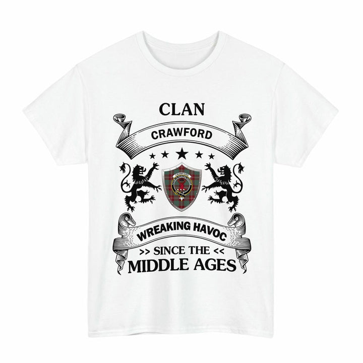 Scottish Crawford Clan Crest Tartan T-Shirt Wreaking Havoc Design Tartan Plaid White Color