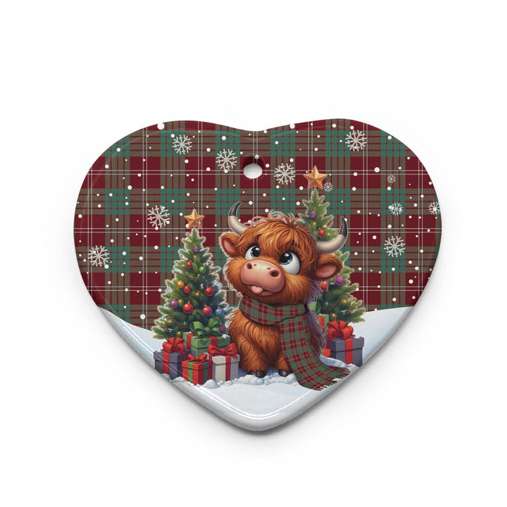 Scottish Crawford Modern Clan Tartan Ceramic Ornament Cute Highland Cow Christmas Heart Style Tartan Plaid