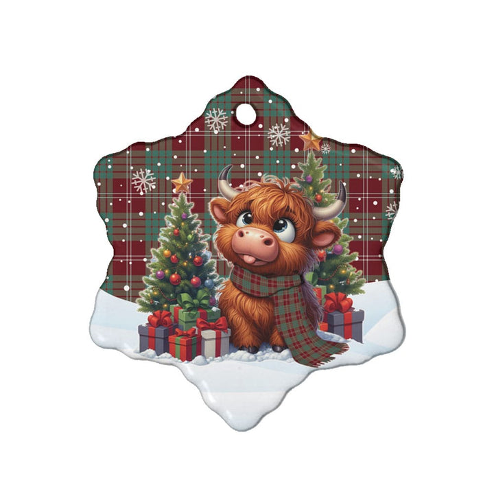 Scottish Crawford Modern Clan Tartan Ceramic Ornament Cute Highland Cow Christmas Snow Flake Style Tartan Plaid