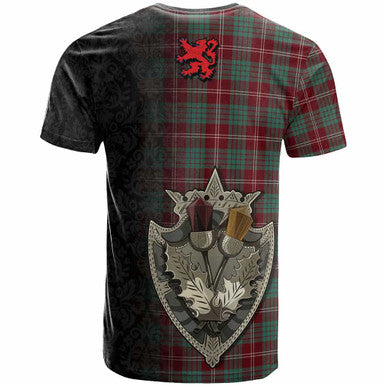 Scottish Crawford Modern Clan Tartan T-Shirt - Half Thistle Flowers Celtic Design Back Side Tartan Plaid