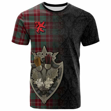 Scottish Crawford Modern Clan Tartan T-Shirt - Half Thistle Flowers Celtic Design Front Side Tartan Plaid