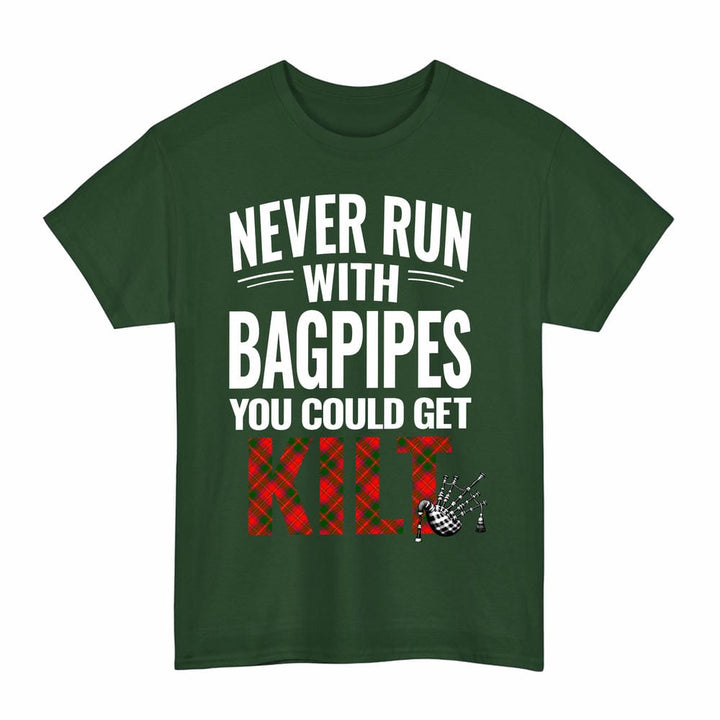 Scottish Crief District Clan Tartan Never Run With Bagpipes T-Shirt Tartan Plaid Forest Green Color