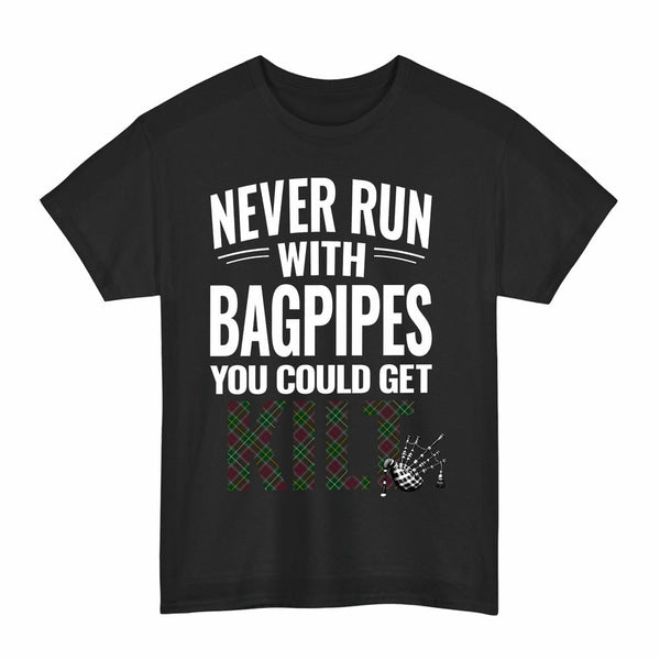 Scottish Crosbie Clan Tartan Never Run With Bagpipes T-Shirt Tartan Plaid Black Color