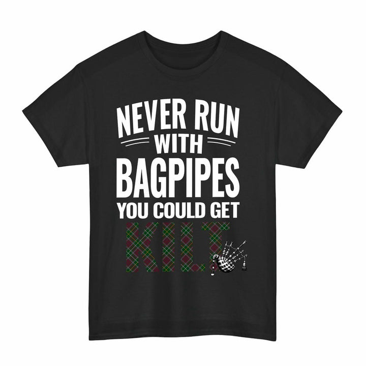 Scottish Crosbie Clan Tartan Never Run With Bagpipes T-Shirt Tartan Plaid Black Color