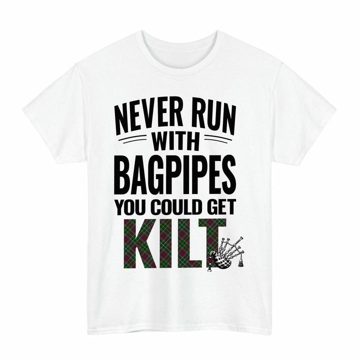 Scottish Crosbie Clan Tartan Never Run With Bagpipes T-Shirt Tartan Plaid White Color