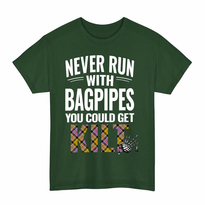 Scottish Culloden Ancient Clan Tartan Never Run With Bagpipes T-Shirt Tartan Plaid Forest Green Color