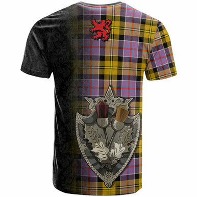Scottish Culloden Ancient Clan Tartan T-Shirt - Half Thistle Flowers Celtic Design Back Side Tartan Plaid
