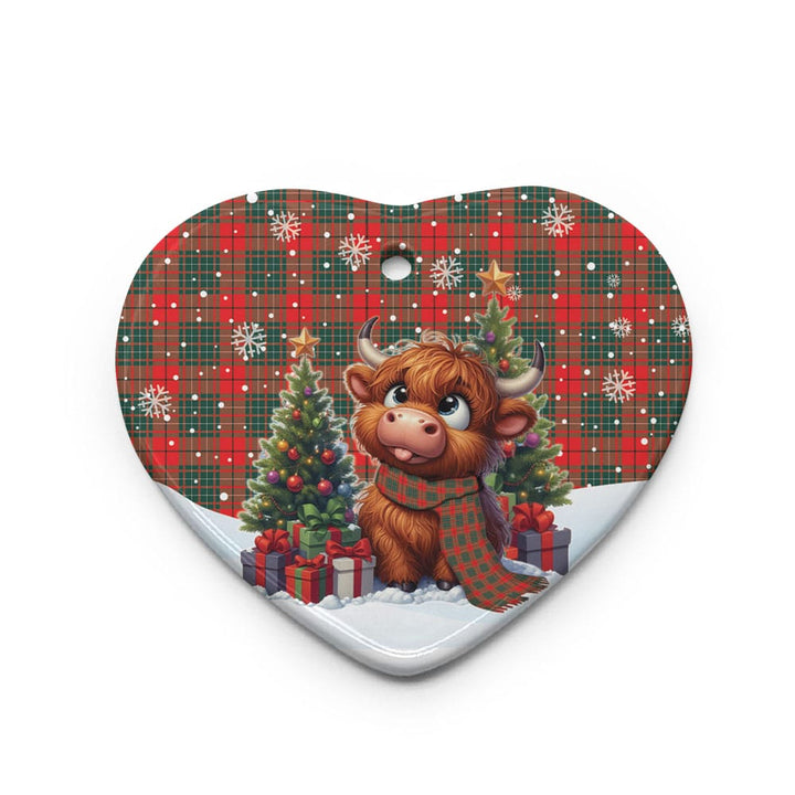 Scottish Cumming Modern Clan Tartan Ceramic Ornament Cute Highland Cow Christmas Heart Style Tartan Plaid