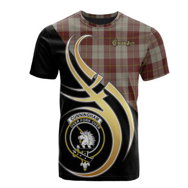 Scottish Cunningham Burgundy Dancers Clan Crest Tartan T-Shirt Believe in Me Front Side Tartan Plaid