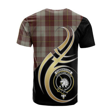 Scottish Cunningham Burgundy Dancers Clan Crest Tartan T-Shirt Believe in Me Back Side Tartan Plaid