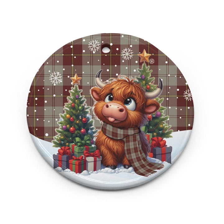 Scottish Cunningham Burgundy Dancers Clan Tartan Ceramic Ornament Cute Highland Cow Christmas Circle Style Tartan Plaid