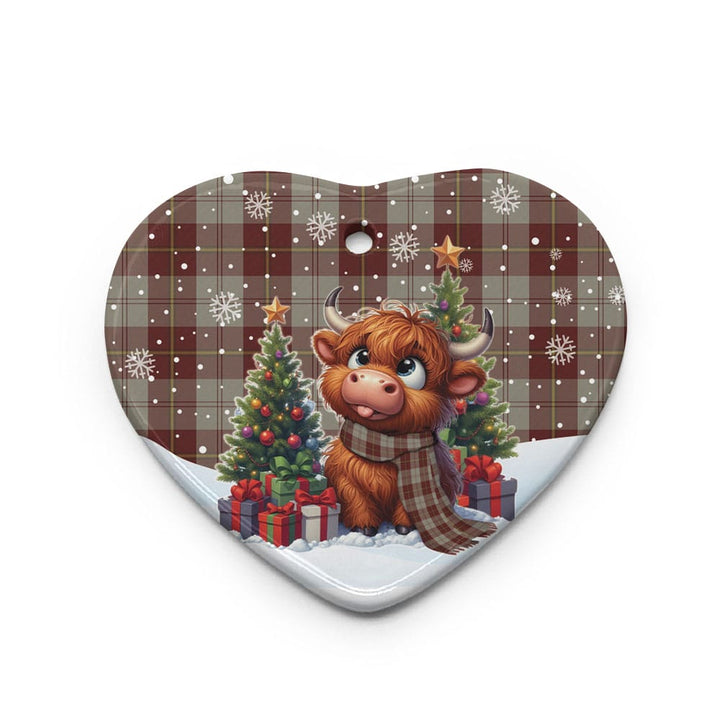 Scottish Cunningham Burgundy Dancers Clan Tartan Ceramic Ornament Cute Highland Cow Christmas Heart Style Tartan Plaid