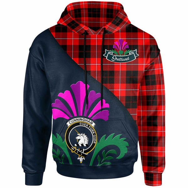 Scottish Cunningham Clan Crest Tartan Hoodie - Scotland Thistle Style Front Side Tartan Plaid