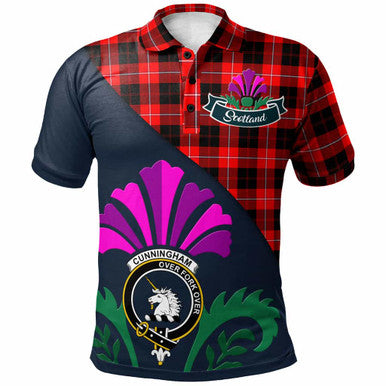 Scottish Cunningham Clan Crest Tartan Polo Shirt - Scotland Thistle Style Front Side Tartan Plaid