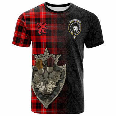 Scottish Cunningham Clan Crest Tartan T-Shirt - Half Thistle Flowers Celtic Design Front Side Tartan Plaid