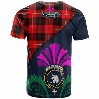 Scottish Cunningham Clan Crest Tartan T-Shirt - Scotland Thistle Style Back Side Tartan Plaid