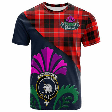 Scottish Cunningham Clan Crest Tartan T-Shirt - Scotland Thistle Style Front Side Tartan Plaid