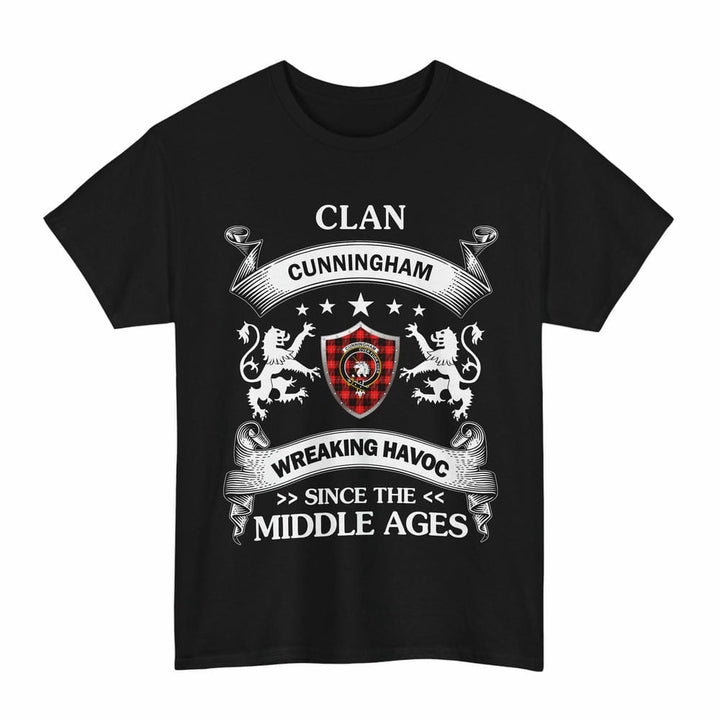 Scottish Cunningham Clan Crest Tartan T-Shirt Wreaking Havoc Design Tartan Plaid Black Color
