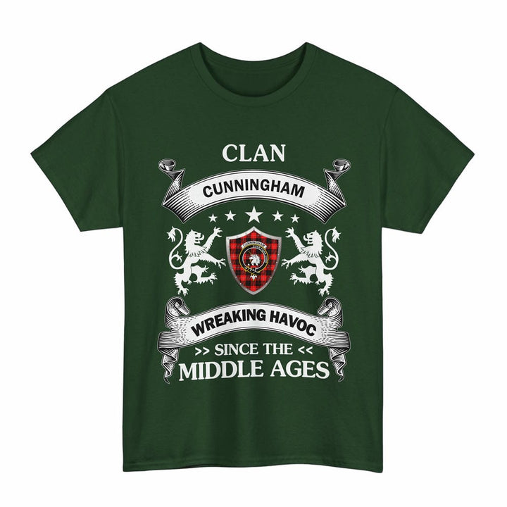 Scottish Cunningham Clan Crest Tartan T-Shirt Wreaking Havoc Design Tartan Plaid Forest Green Color