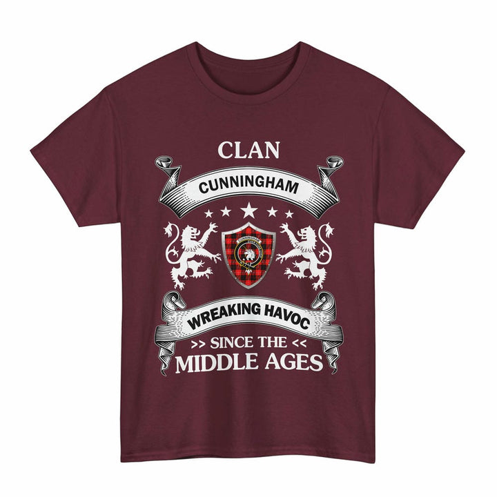 Scottish Cunningham Clan Crest Tartan T-Shirt Wreaking Havoc Design Tartan Plaid Maroon Color