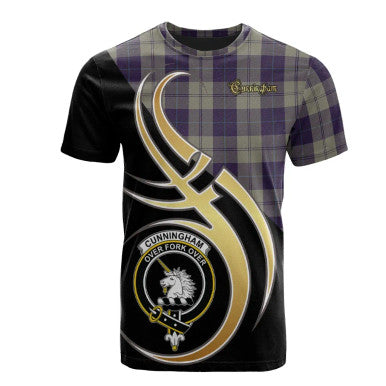 Scottish Cunningham Dress Blue Dancers Clan Crest Tartan T-Shirt Believe in Me Front Side Tartan Plaid