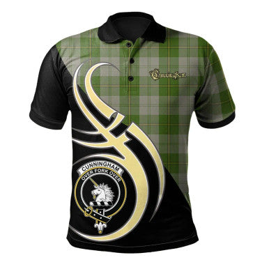 Scottish Cunningham Dress Green Dancers Clan Crest Tartan Polo Shirt Believe in Me Front Side Tartan Plaid
