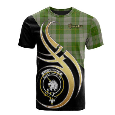 Scottish Cunningham Dress Green Dancers Clan Crest Tartan T-Shirt Believe in Me Front Side Tartan Plaid