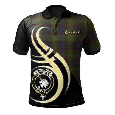 Scottish Cunningham Hunting Modern Clan Crest Tartan Polo Shirt Believe in Me Front Side Tartan Plaid