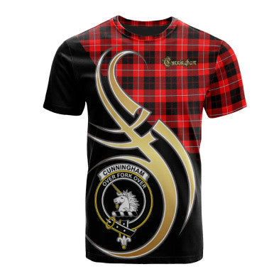 Scottish Cunningham Modern Clan Crest Tartan T-Shirt Believe in Me Front Side Tartan Plaid